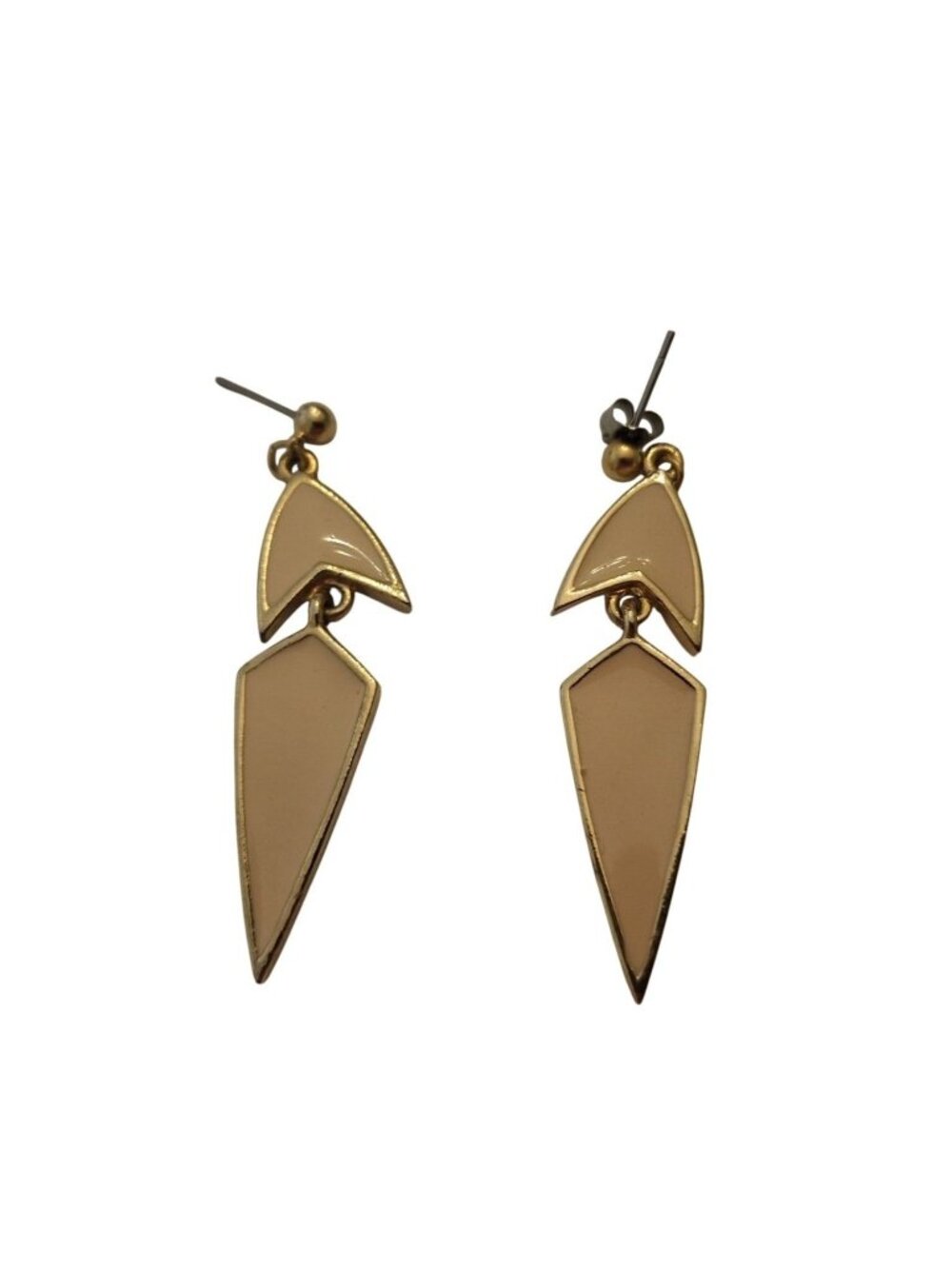 Vintage 80s Cream Enamel Gold Tone Geometric Dangle Earrings Art Deco Pierced